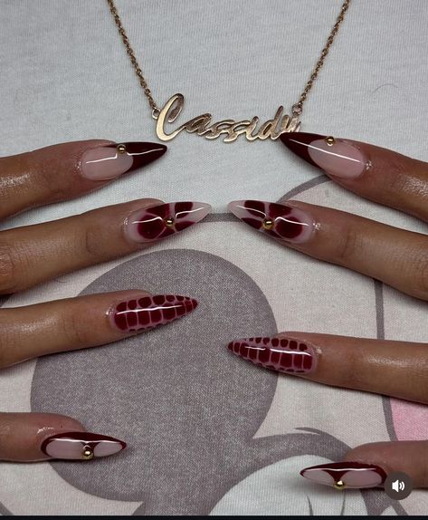 Red Nails With Simple Design, Mixed Match Nails, Burgundy Nails Designs Nailart, Red Long Nails Designs, Long Round Acrylic Nails, Burgundy Long Nails, Simple Burgundy Nails, Long Burgundy Nails, Simple Red Nail Ideas