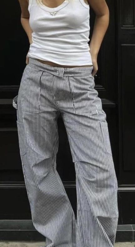 Stripped Pants Aesthetic, Pinstripe Cargo Pants, Pinstripe Trousers Outfit Casual, Blue Stripe Trousers Outfit, Blue Linen Trousers Outfit, Striped Linen Trousers, Stripped Trousers Outfit, Pinstriped Trousers Outfit, Linen Striped Pants Outfit