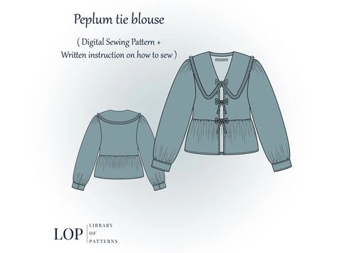 LibraryofPatterns - Etsy Peplum Blouse Pattern, Tie Blouse Pattern, Puritan Collar, Interfacing Fabric, Seam Allowance, Thrift Flip, Blouse Pattern Sewing, Shank Button, Tie Blouse