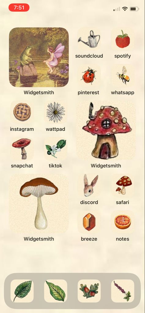 Mushroom Phone Theme, Earthy Phone Theme, Mushroom Homescreen, Fairy Phone Theme, Cottage Core Home Screen, Inspo Wallpaper, Homescreen Icons, Cottage Core Home, Lockscreen Ios