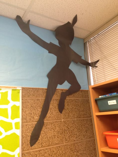 Peter Pan's shadow #Peterpan #classroom Peter Pan Preschool Activities, Disney School Theme Ideas, Peter Pan Classroom Door, Neverland Classroom Theme, Peter Pan Themed Classroom, Peter Pan Decorations Classroom, Disney Library Theme, Disney Themed Classroom Preschool, Disney Decorations Classroom