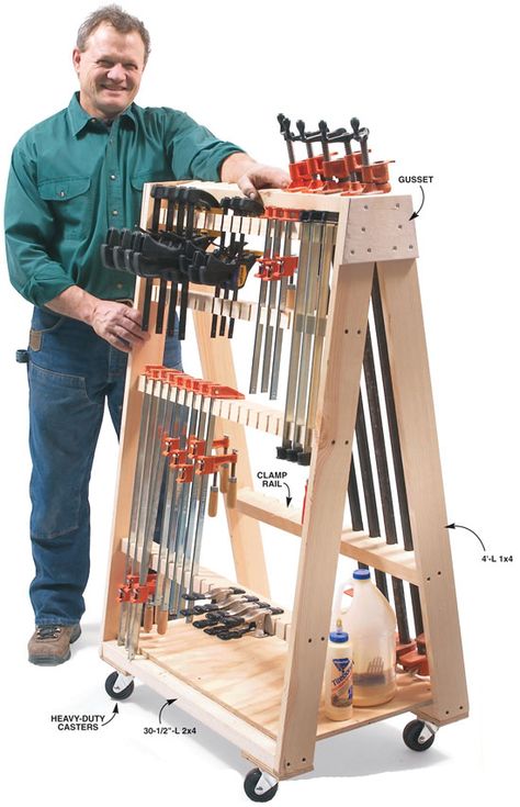 Mobile Clamp Rack Hold it! Roll it! Hang it! Store it! By Roger Meinen Tired of dragging clamps around my shop, I built this rack that brings them right to the job. It takes up only 21 x 32 in. of real estate and can handle 36 adjustable clamps and 12 4-ft. pipe clamps. I assembled the side frames separately before screwing them together with gussets at the top and … Clamp Rack, Clamp Storage, Woodworking Garage, Woodworking Storage, Woodworking Clamps, Woodworking Classes, Woodworking Magazine, Woodworking Workbench, Workshop Organization