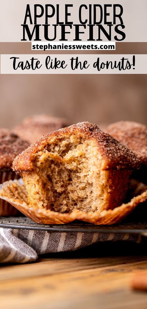 These apple cider muffins are classic apple cider donuts in muffin form! They are perfect if you love fresh donuts made with apple cider, but do not want to use a donut pan or just love muffins! They are topped with apple cider butter and cinnamon sugar. Recipes To Use Up Apple Cider, Cider Recipes Food, Apple Cider Doughnut Muffins, Apple Cider Donut Pancakes, Apple Cider Donut Muffins Recipe, Ways To Use Apple Cider, Apple Cider Muffins Healthy, Apple Cider Breakfast Recipes, Apple Cider Spices