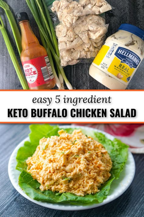 ingredients and white plate with shredded keto buffalo chicken salad and text Keto Buffalo Chicken Salad, Buffalo Tuna Salad, Keto Creamy Chicken Salad, Chicken Salad Buffalo Style, Low Carb Buffalo Chicken Salad, High Protein Buffalo Chicken Salad, Keto Blt Chicken Salad, Buffalo Chicken Salad Recipe, Spicy Chicken Salad