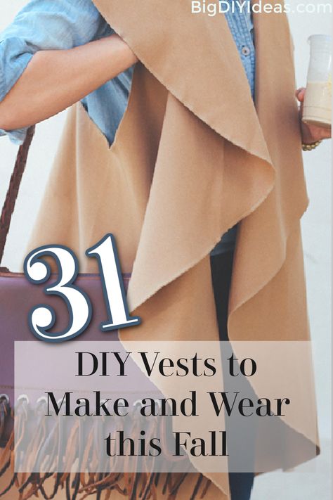 As we enter the fall season, we begin to stack layers onto our clothes in order to keep up with the cooling temperatures. One of the best ways to do that is to add a vest! If you don't have one (or at least, not a large assortment) never fear! Vests are typically a super simple pattern! You can make them with fresh, hand picked fabric or you can upcycle existing material from jeans, a scarf, t-shirt, and more! Give these a try! via @bigdiyideas Diy Leather Vest, Long Vest Pattern, Vest Pattern Sewing, Diy Vest, Can Upcycle, Slow Fashion Clothes, Diy Cape, Hoodie Sewing, Hoodie Sewing Pattern