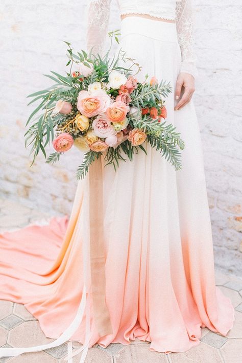 A bespoke bridal shoot with a custom dip dye wedding dress, a bold palette of peach and coral, and airy neutrals to complement this unique take on watercolor wedding inspiration! Dip Dye Wedding Dress, Bohemian Wedding Colors, Dye Wedding Dress, Ombre Wedding Dress, Peach Wedding Flowers, Ombre Wedding, Coral Wedding, Peach Wedding, Brides Magazine