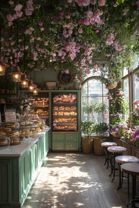 Bakeries Exterior, Bakery Aesthetic Interior Cozy, Retro Bakery Aesthetic, Bakery Flower Shop, Cozy Bakery Interiors, Italian Bakery Aesthetic, Aesthetic Bakery Interior, Cozy Bakery Aesthetic, French Bakery Interior