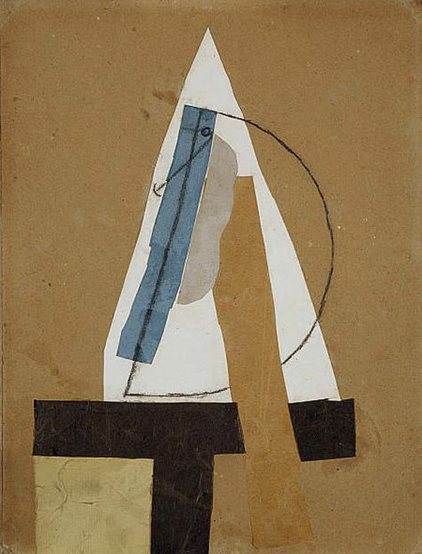 Tête – Head, 1913 - This famous piece is one of the most abstract Cubist collages. A profile of a head can be traced in the charcoal drawn half-circle, but all of the facial elements are greatly reduced to geometric shapes. Picasso Collage, Synthetic Cubism, Cubist Movement, Art Picasso, Pablo Picasso Paintings, Cubism Art, Gallery Of Modern Art, Picasso Paintings, Picasso Art