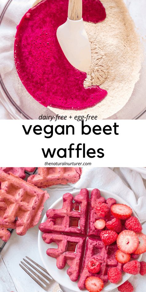 These Vegan Waffles are made beautiful and extra good for you with addition of a special healthy ingredient: beet! They are fluffy, simple to make, and are as easy on the eyes as they are on the tastebuds! #veggieloaded #plantbased #eggfree #dairyfree Dairy Free Infant Meals, Beet Pancakes, Infant Food, Natural Nurturer, Toddler Foods, Vegan Waffles, Toddler Breakfast, Homemade Waffles, Beet Recipes