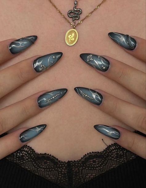 Blue Grunge Nails, Dark Blue With Silver Nails, Siren Nails Dark, Dark Blue Silver Nails, Dark Blue And Silver Nails, Black And Blue Nails, Blue And Silver Nails, Dark Blue Nails, Cute Nail Colors