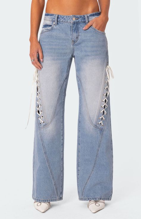 Edikted Low Rise Ribbon Lace Up Jeans | PacSun Low Rise Wide Leg Jeans, Lace Up Jeans, Slim Fit Cargo Pants, Jeans Pacsun, Curve Jeans, Kids Swimwear, Denim Details, Low Rise Jeans, Slim Fit Pants