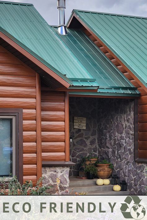 Trulog Siding, Green Siding, Types Of Siding, Steel Siding, Cabin Inspiration, Rustic Log Cabin, Log Siding, Green Choices, Mountain Living