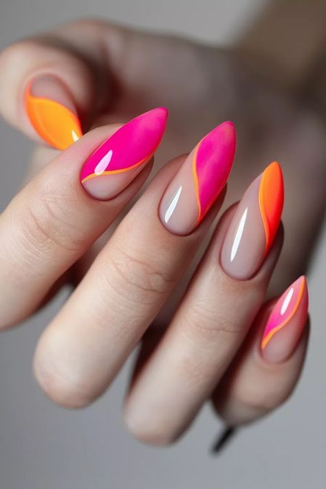 Ombré Colored Nails, French Manicure With Design On One Nail, Orange Hot Pink Nails, Orange And Fuschia Nails, Pink Orange White Nails, Orange And Hot Pink Nails, Pink And Orange Nails Design, Orange And Pink Nail Designs, Hot Coral Nails