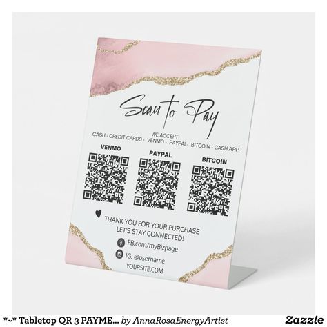 *~* Tabletop QR 3 PAYMENT Table Tent PINK AGATE Pedestal Sign Scan To Pay, Table Tents, Tabletop Signs, Promotional Products Marketing, Healing Modalities, Energy Healer, Pink Agate, Product Ideas, Packaging Ideas