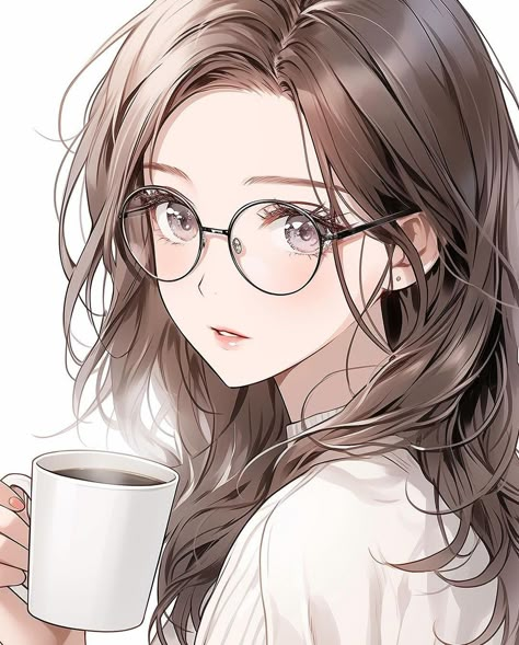 Anime Female With Glasses, Anime Glasses Female, Cute Anime Glasses, Anime Character With Glasses, Notion Avatar, Glasses Drawing, Image Illusion, Anime Brown Hair, Girl With Glasses