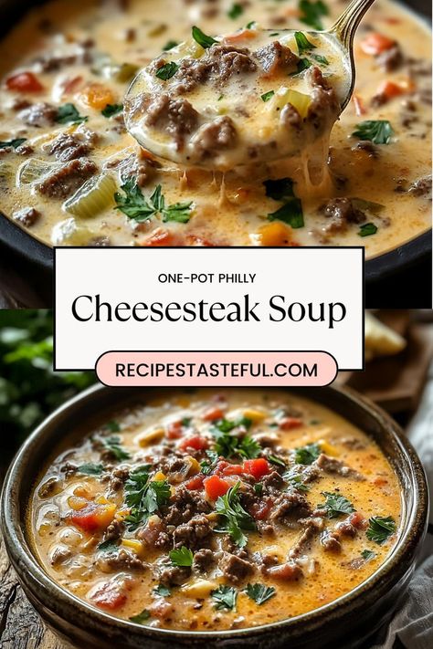 Easy One-Pot Philly Cheesesteak Soup is a hearty and flavorful soup loaded with tender beef, melted cheese, and all the classic Philly cheesesteak ingredients. A comforting meal that's ready in no time! #PhillyCheesesteakSoup #OnePotMeals #ComfortFood Cheesesteak Soup Crockpot, Keto Philly Cheesesteak Soup, Cheese Steak Soup Recipe, Zucchini Beef Soup, Crockpot Recipes Philly Cheese Steak, One-pot Philly Cheesesteak Soup With Bacon And Cheesy Toast, Philly Cheese Steak Casserole Keto Ground Beef, Cheesesteak Soup Recipe, Healthy Steak Soup Recipes