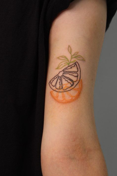 Tajin Tattoo, Orange Poem Tattoo, Fruit Salad Tattoo, Orange Line Tattoo, Tattoo Of Orange, Colorful Patchwork Tattoos, Orange Peel Tattoo, Orange Tattoo Ideas, Mandarin Tattoo