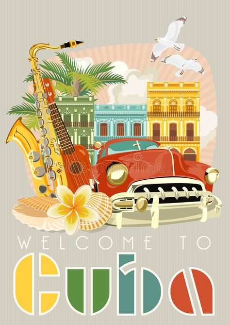 Cuba travel colorful poster concept. Welcome to Cuba. Vector illustration with C , #AFF, #colorful, #poster, #Cuba, #travel, #concept #ad Cuban Architecture, Vintage Cuba, Cuban Culture, Cuban Art, Rainbow Canvas, Sunflower Canvas, Travel Postcard, Retro Travel Poster, Cuba Travel