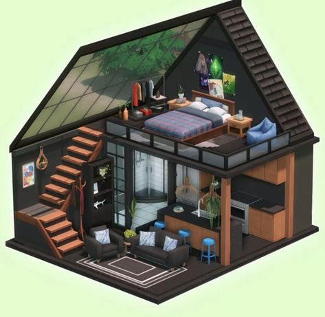 Ts4 Bedroom, Sims 4 Loft, Balcony Ideas House, Loft House Design, Black Loft, Sims 4 House Plans, Sims 4 House Building, Tiny House Inspiration, Sims 4 House Design