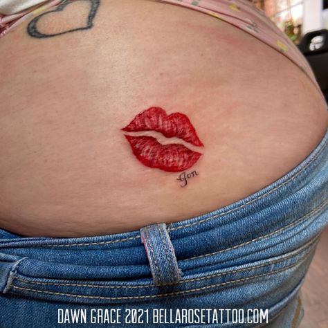 Kiss Lips Tattoo On Hip, Lip Tattoos For Women, Lips Tattoo Ideas Kisses, Kiss Lip Tattoos, Red Lips Tattoo, Lip Print Tattoos, Bum Tattoo Women, Tattoo Sayings, 24 Tattoo