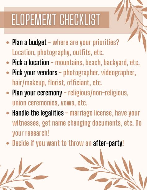 How To Elope Ideas, Budget Friendly Elopement, Elopement Wedding Ideas Inspiration, Elope Reception Ideas, Fall Wedding Elopement Ideas, Elopement To Do List, Small Wedding Elopement Ideas, Beach Wedding Elopement Ideas, Elopement Reception Parties