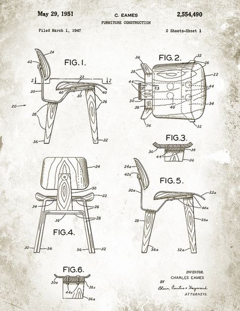 Patent Illustration for the Charles Eames DCW Chair. Image byDave & Anna Douglass #Illustration #Chair #Eames Eames Lcw, Charles Ray Eames, Chair Drawing, Furniture Sketch, Plywood Chair, Charles Ray, Patent Drawing, Charles & Ray Eames, Charles Eames