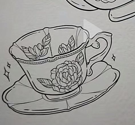 Antique Tea Cup Tattoo, Tea Cups Drawing, Teacups Illustration, Gran Tattoo, Cup Of Tea Drawing, Nanna Tattoo, Teacup Drawing, Tea Cup Tattoo, Tea Cup Drawing