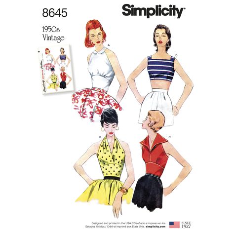 Have fun with this Misses' 1950s vintage set of halters and sun top. Find this Simplicity sewing pattern at simplicity.com. Vintage Halter Top Pattern, Vintage Halter Top, Halter Top Pattern, Halter Pattern, Top Sewing Pattern, Simplicity Sewing, Couture Vintage, Burda Style, Vestidos Vintage