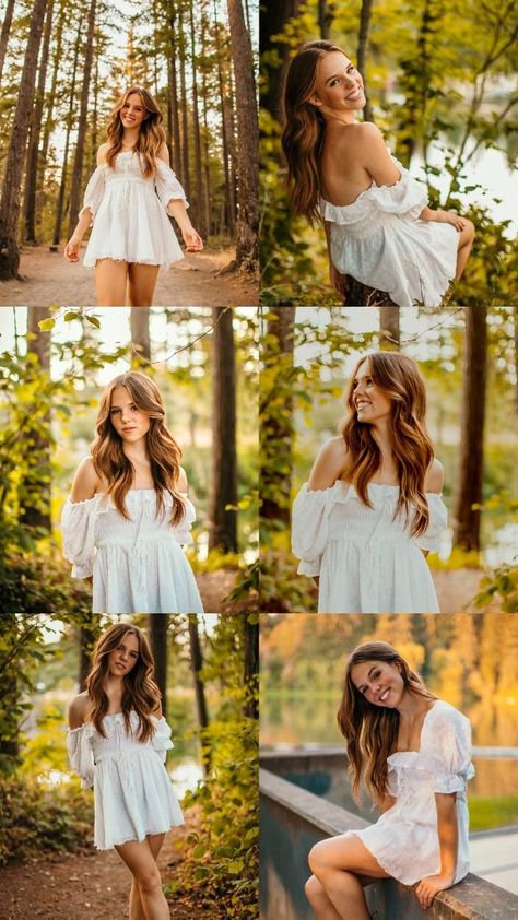 White Dress Outdoor Photoshoot, Senior Photo Hair Ideas, Senior Photo Poses Dress, Senior Picture Ideas Formal Dress, Trending Senior Pictures, Fall Senior Pictures White Dress, Senior Outdoor Pictures, Cute Dress Poses Picture Ideas, Senior Picture Ideas Female