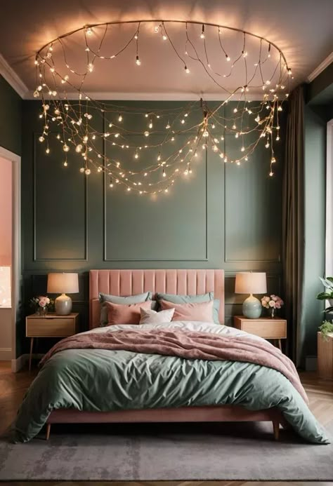 Sage Purple Bedroom, Sage Green And Purple Living Room, Green And Light Pink Aesthetic, Green And Purple Room Ideas, Spiritual Room Ideas Bedrooms, Light Purple Room Aesthetic, Purple And Green Bedroom Ideas, Green And Blush Bedroom, Sage Green And Blush Bedroom