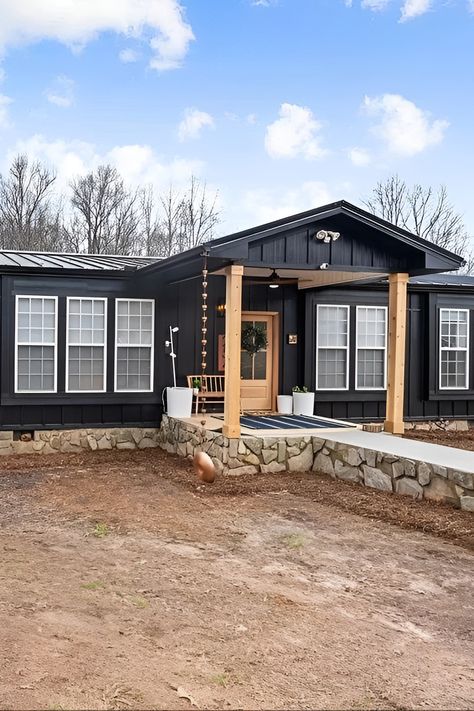 Fully Bricked Mobile Home, Metal Roof On Mobile Home, Mobile Home Exterior Doors Replacement, Landscape Ideas For Mobile Homes, Update Mobile Home Exterior, Black Manufactured Home Exterior, Blue Mobile Home Exterior, Mobile Home Decks And Porches Single Wide, Black Manufactured Home