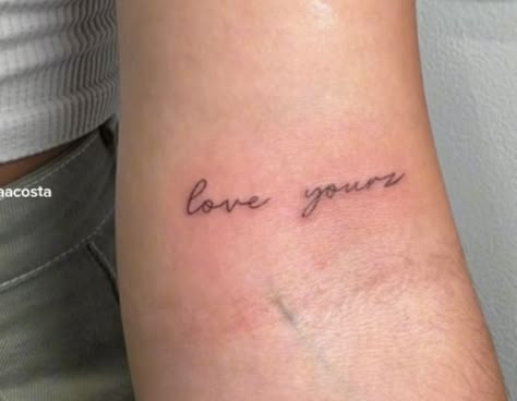 Celeberties Tattoos, Love Yours Tattoo Fonts, Love Yourz Tatoos, Tattoo Ideas Female Cursive, Love Yourz Tattoo Women, Love Yourz Tattoos For Women, Love Yourz Tattoo Ideas, Love Yourz Tats, Love Yourz J Cole Tattoo Cursive