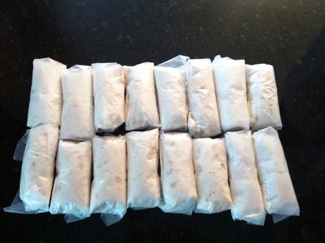 freezer to microwave breakfast burritos in wax paper Homemade Breakfast Burritos, Freezer Breakfast Meals, The Family Freezer, Make Ahead Breakfast Burritos, Microwave Breakfast, Frozen Burritos, Family Freezer, Freezer Breakfast Burritos, Breakfast Burritos Frozen