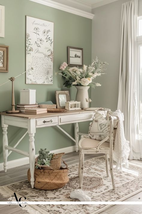 Home Office Colour Palettes, Home Office Decor Sage Green, Sage Office Walls, Light Green Office Ideas, Garden Theme Office, Cozy Office Paint Colors, Sage Color Office, Office Ideas Sage Green, Sage Green Office Walls