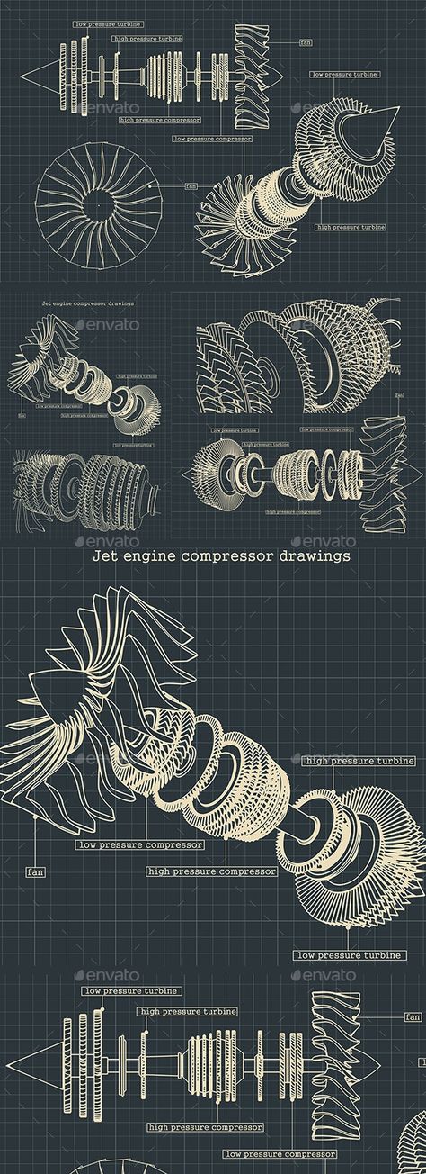 Jet Engine Compressor Drawings Set by Blacklight_trace | GraphicRiver Jet Engine Design, Engine Illustration, Aeroplane Engine, Engine Drawing, Jet Design, Aviation Design, Aviation Education, Aerospace Design, Turbofan Engine