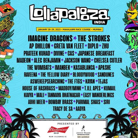 Lollapalooza Lineup, Festival Lineup, The Wombats, Comic Design, Festival Guide, Greta Van Fleet, Music Festival Poster, The Strokes, Johnnie Walker