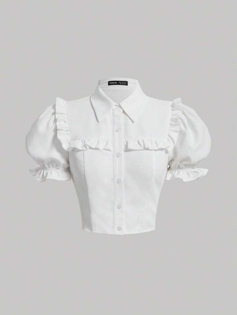 Cute White Shirts, Myanmar Dress Design, Cute Hairstyles For Short Hair, Women Blouses, White Shirts, White Outfits, Crop Shirt, Ruffle Trim, Aesthetic Clothes