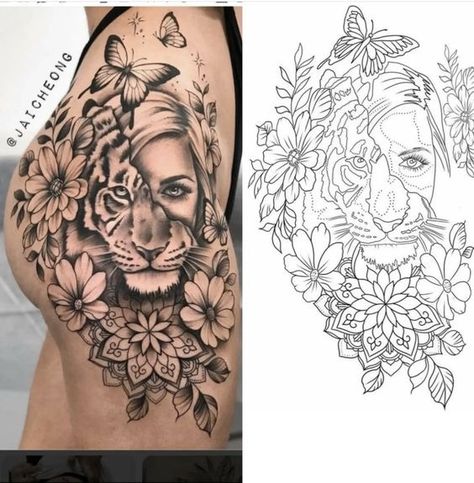 Hips Tattoo, Stencil Tattoos, Arm Tattoos Lettering, Lioness Tattoo Design, Jungle Tattoo, Lion Art Tattoo, Tattoo Sleeve Filler, Chest Tattoo Ideas, Floral Mandala Tattoo