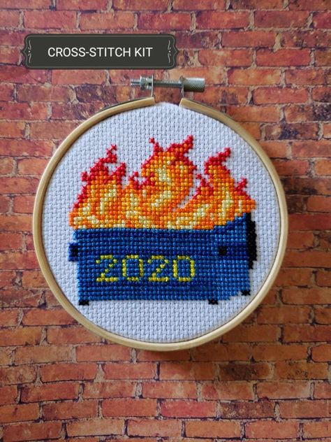 Dumpster Fire 2020 DiY Beginner Cross Stitch Kit Blue | Etsy Beginner Cross Stitch, Diy Beginner, Unique Cross Stitch, Dumpster Fire, Framed Cross Stitch, Dmc Embroidery Floss, Completed Cross Stitch, Stitch Art, Diy Craft Kits