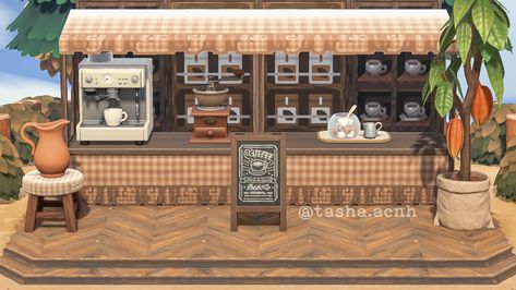 Cafe Acnh, Animal Crossing Coffee, Animal Crossing Cafe, Coffee Island, Coffee Room, Cafe Furniture, Stall Designs, Bakery Design, New Animal Crossing