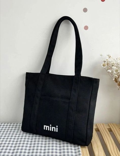 Black Tote Bag Design Ideas, Black Tote Bag Design, Diy Leather Tote, Black Kawaii, Canvas Shopper Bag, Tas Bahu, Unique Tote Bag, Tote Bag Aesthetic, Aesthetic Bags