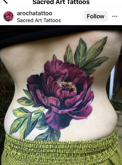 Dark Colored Flower Tattoo, Large Back Cover Up Tattoo, Burgundy Flower Tattoo, Peony Tattoo Color Cover Up, Dark Flower Cover Up Tattoo, Large Rose Tattoo Cover Up, Floral Cover Up Tattoo, Dark Tattoo Cover Up Ideas For Women, Deep Purple Flower Tattoo