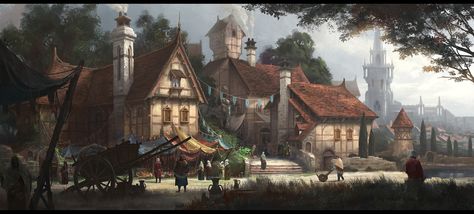 ArtStation - village, J.K Shin Middle Ages Art, Dnd Places, Fantasy Village, Fantasy Cities, Fantasy Locations, Cartoon House, Medieval Village, House Illustration, Fantasy City