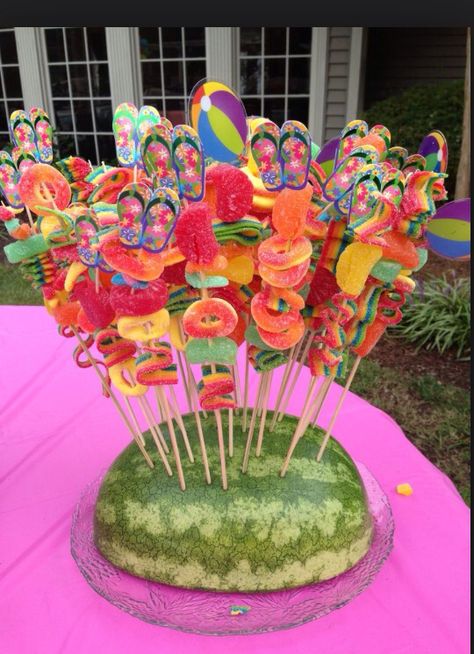 Kabobs Cute Fruit Kabobs, Luau Party Candy Table Ideas, Fruit Ideas For Birthday Party, Cocomelon Snack Ideas, Bad Bunny Pool Party, Candy Skewers Kabobs Ideas, Fruit On Stick Ideas, Tropical Birthday Party Ideas For Kids, 13 Birthday Pool Party Ideas