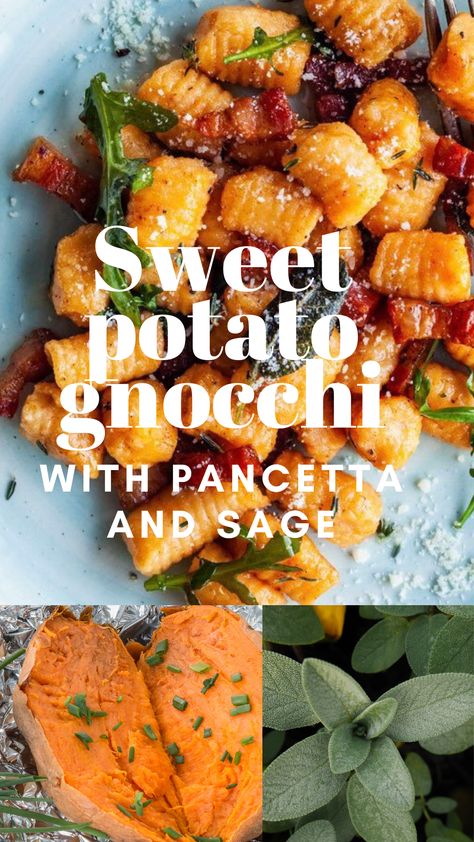 Sweet Potato Gnocchi With Sage Butter, Gnocchi Recipes Sweet Potato, Sage Sweet Potato, Gnocchi Stuffing Delish, Sweet Potato Gnocchi Meal, Crispy Gnocchi Recipes, Potato Gnocchi, Recipes With Sage Leaves, Sweet Potato Gnocchi Recipe