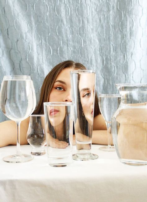 self portrait photograhy photoshoot reflection refraction water glasses spacial awareness model Wine Glass Photo, Water Refraction, Water Distortion, Refraction Photography, Reflection Portrait, Water Reflection Photography, Distortion Photography, Distortion Art, Reflection And Refraction