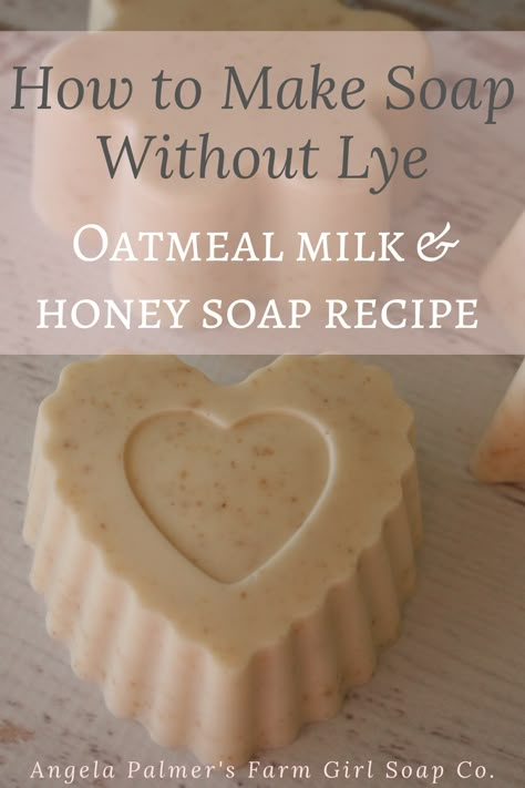 Learn how to make soap without lye with this easy oatmeal and honey soap recipe. This simple soap recipe for beginners uses the melt and pour soap method, so there's no need to handle lye. This soap recipe uses a creamy goat milk base, with oats and honey to make a gentle, moisturizing DIY soap. Ready to make a batch yourself? Pin to save, then click over to my farm blog for the easy oatmeal and honey soap recipe and learn how to make soap without lye. Goat Milk Soap Shampoo Bar, Moisturizing Goat Milk Soap Recipe, No Lye Goat Milk Soap Recipe, Lye Free Goat Milk Soap Recipes, Oatmeal Honey Goat Milk Soap Recipe, Donkey Milk Soap Recipe, Goat Milk Skin Care Recipes, Goat Milk Soap Recipe Without Lye, Goat Milk Candles Recipe