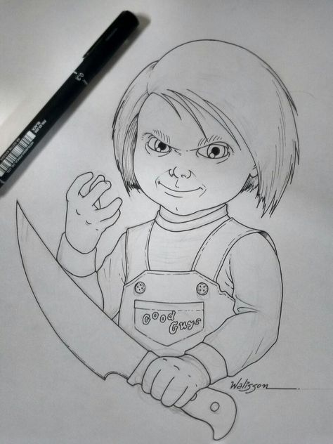 How To Draw Chucky, Drawing Ideas Cartoon Disney, Chucky Drawing Pencil, Horror Drawing Ideas Easy, Chucky Painting Canvas, Chucky Drawing Easy, Dope Sketches Easy, Horror Drawings Easy, Terrifier Drawing