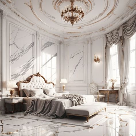 White marble dream house 🤍🤍 French Luxury Bedroom, Neo Classical Bedroom, Design Luxury House, Classical Bedroom, Bedroom Luxury Design, Beautiful Boards, Marble Interior, Classy Bedroom, Luxury House Interior Design