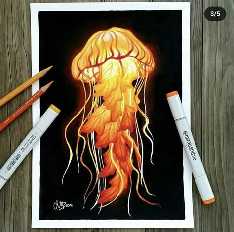 Colored Marker Drawing Ideas, Pencil Color Drawing Creative, Black Paper Painting, Drawing Colourful, Drawing Jellyfish, Colored Pencil Artwork Ideas, Black Paper Art, Beautiful Pencil Drawings, Colour Pencil Drawing